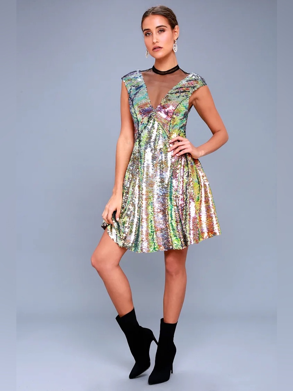 Free people Dance till Dawn XS Iridescent Sequin V-Neck Party Mini Dress